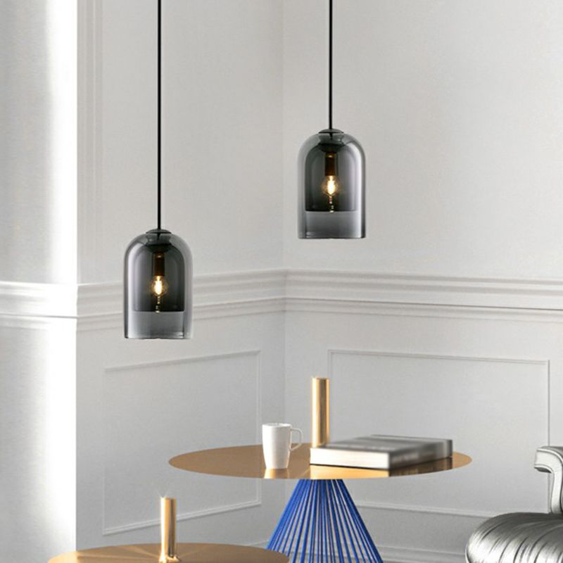 Nordic 1-Light Suspension Light Black Dual Dome Ceiling Pendant Lamp with Glass Shade