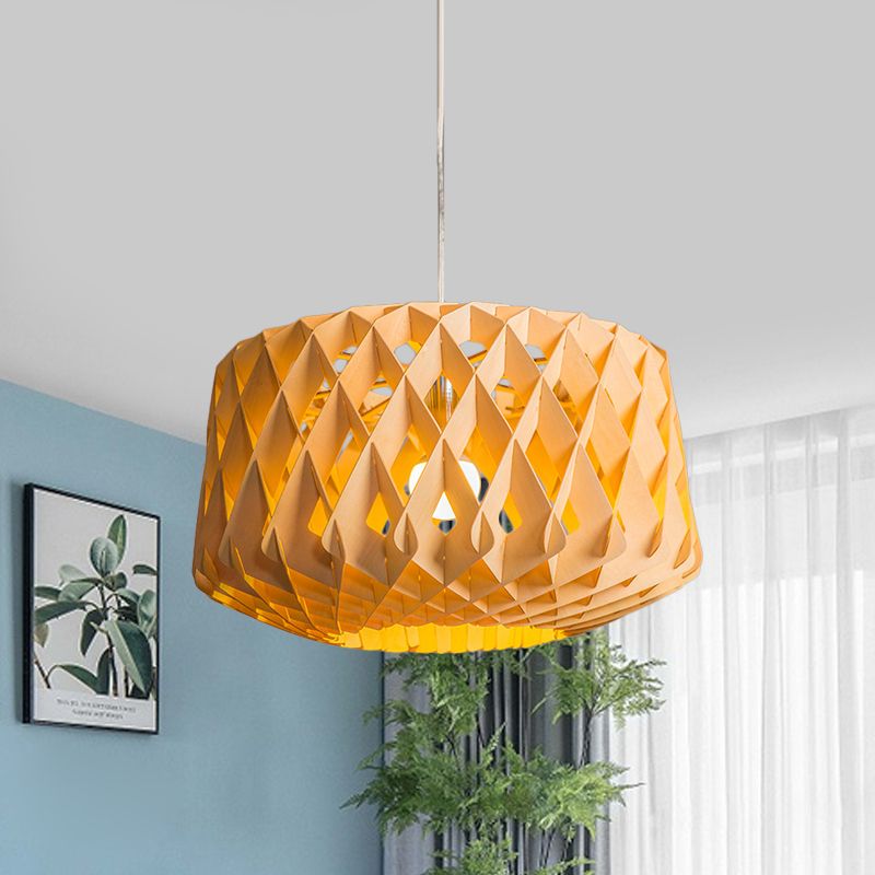 Crisscrossed Woven Wood Drum Drop Pendant Asian Stylish 1 Head Beige Ceiling Light