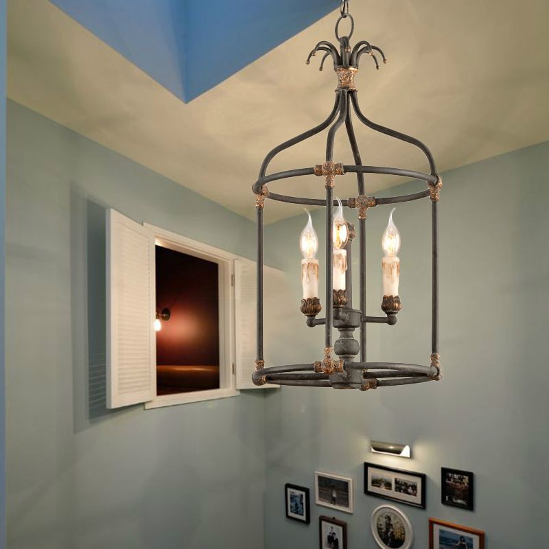 Black 3 Lights Chandelier Lighting Rustic Metal Bird Cage Pendant Lamp for Bedroom