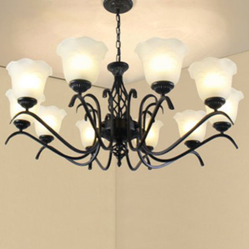Rustic Bell Shade Ceiling Lighting Cream Glass Chandelier Light Fixture in Black for Bedroom