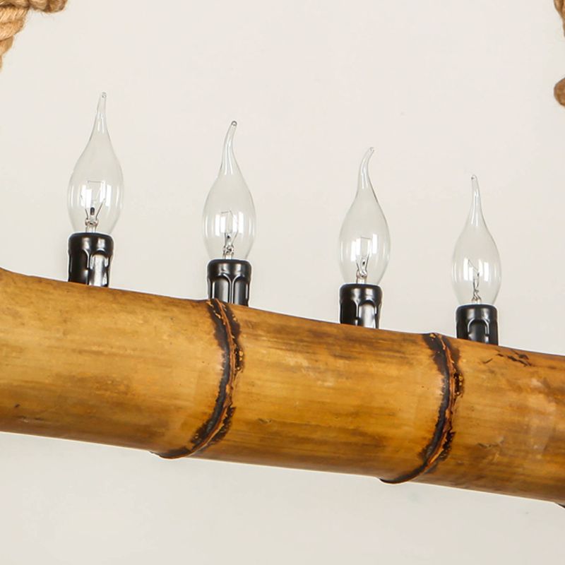 Forme de bambou beige Lumière suspendue avec une bougie 5 lumières Chandelier en bois rustique pour chalet