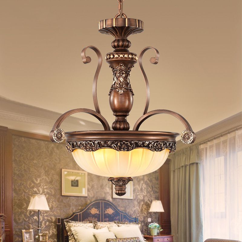 Rust Bowl Pendant Lighting Traditional Frosted Textured Glass 3 Light Bedroom Chandelier