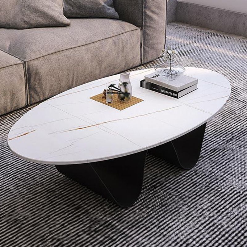 Glam Style Stone Top Coffee Table with Steel Base in Oval Cocktail Table