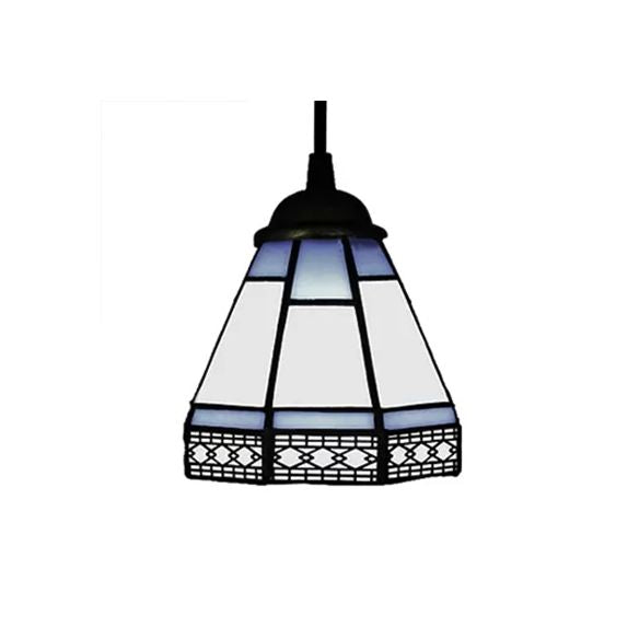 Stained Glass Conical Drop Lamp Tiffany-Style 1 Head Beige/Green/Blue Pendant Lighting Fixture for Living Room