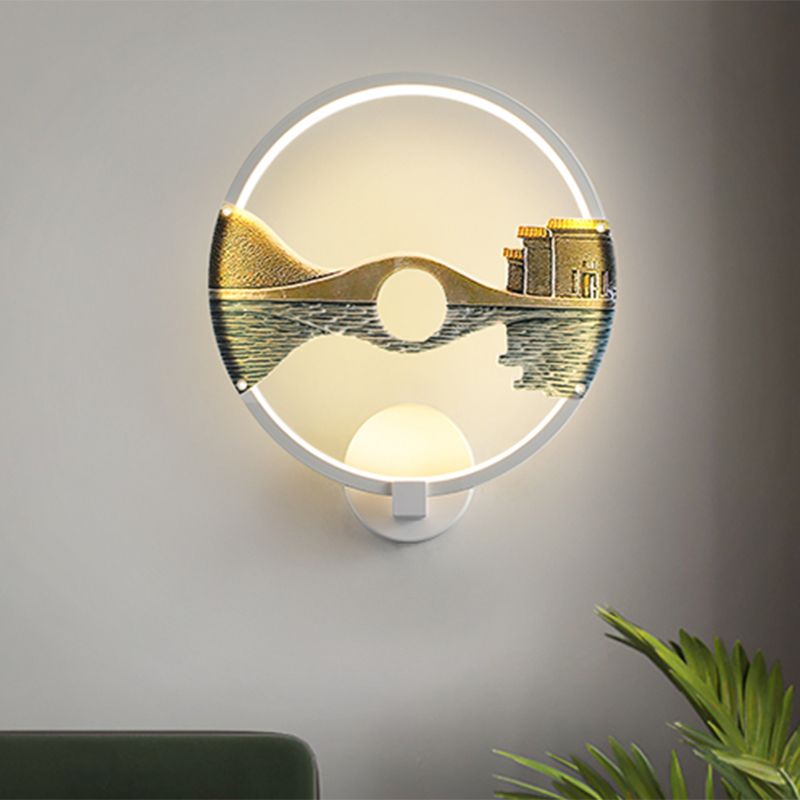 Black/White Round Bridge Wall Mural Light Oriental Style LED Acrylic Wall Mount Light Fixture