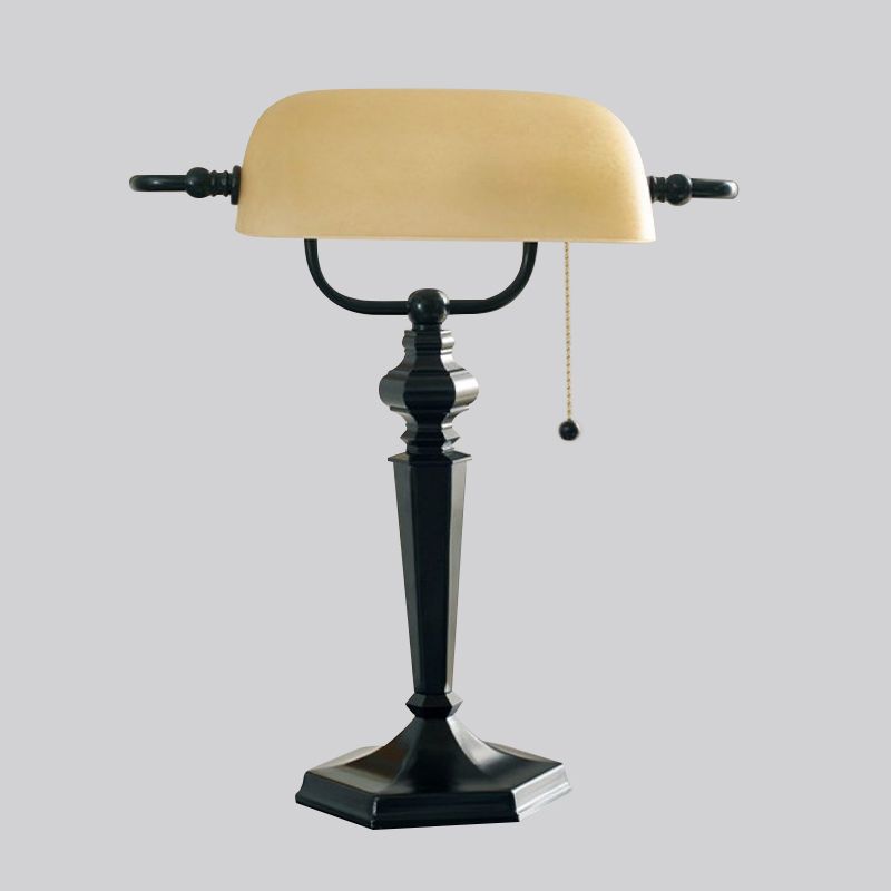 1 Light Pull Chain Night Table Light Traditional Black/Brass Finish Metal Desk Lamp with Tan Glass Shade