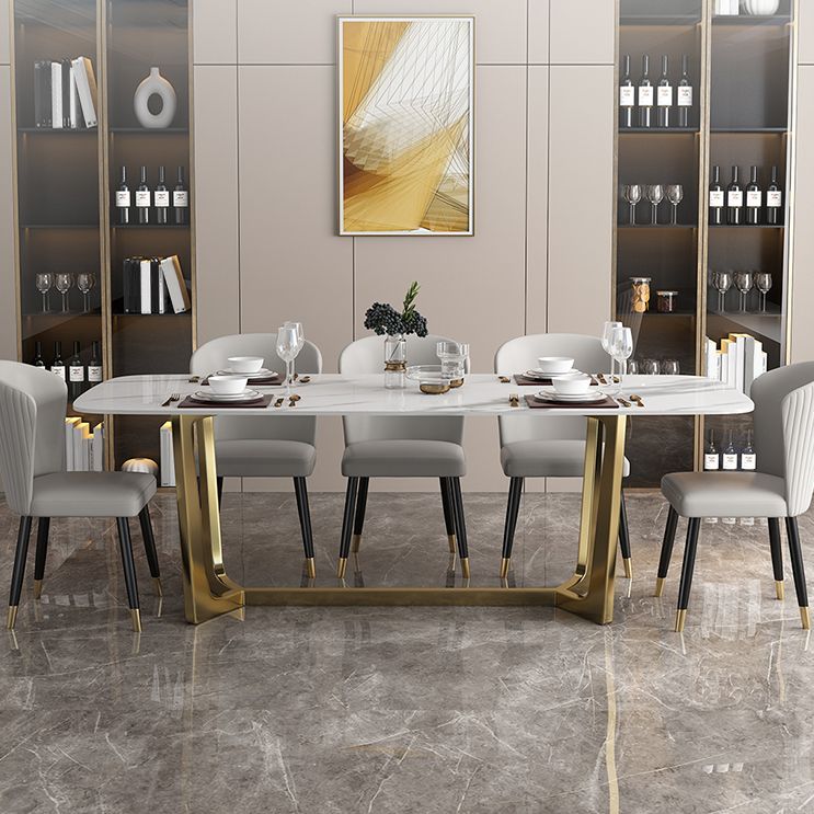 Luxury Sintered Stone Top Table Rectangle Table with Trestle Base in Gold