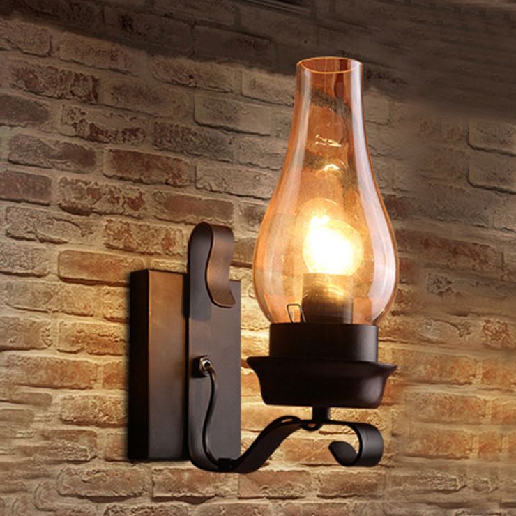 Rusty Wall Sconce in Industrial Vintage Style Wrought Iron Wall Lamp with Amber Glass Shade