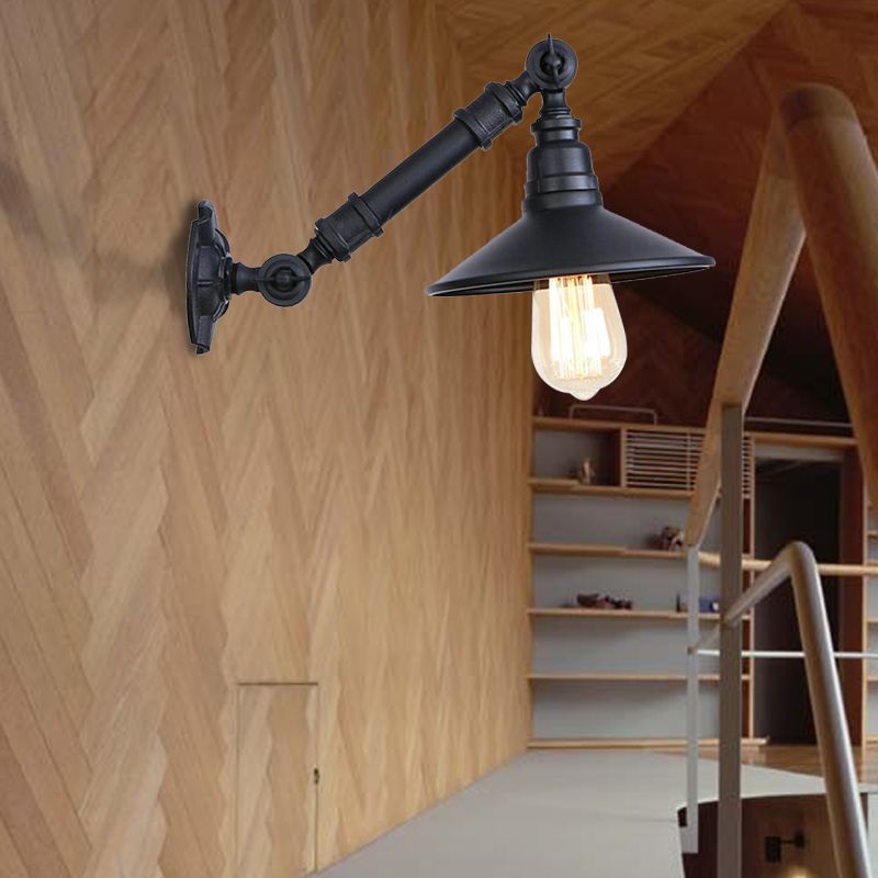 Metal Conical Wall Mounted Light with Adjustable Arm Retro Industrial 1 Head Corridor Sconce Lamp in Black