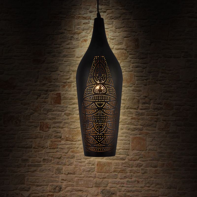 Carved Pendant Lighting Decorative Metal 1 Bulb Ceiling Suspension Lamp in Black