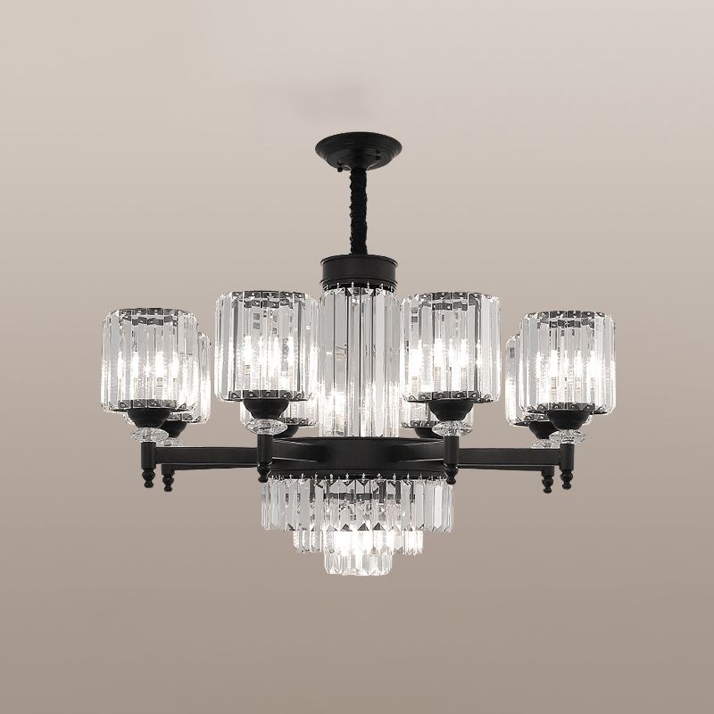 Black Chandelier Lighting Vintage Rectangular-Cut Crystal Cylinder Ceiling Light Fixture