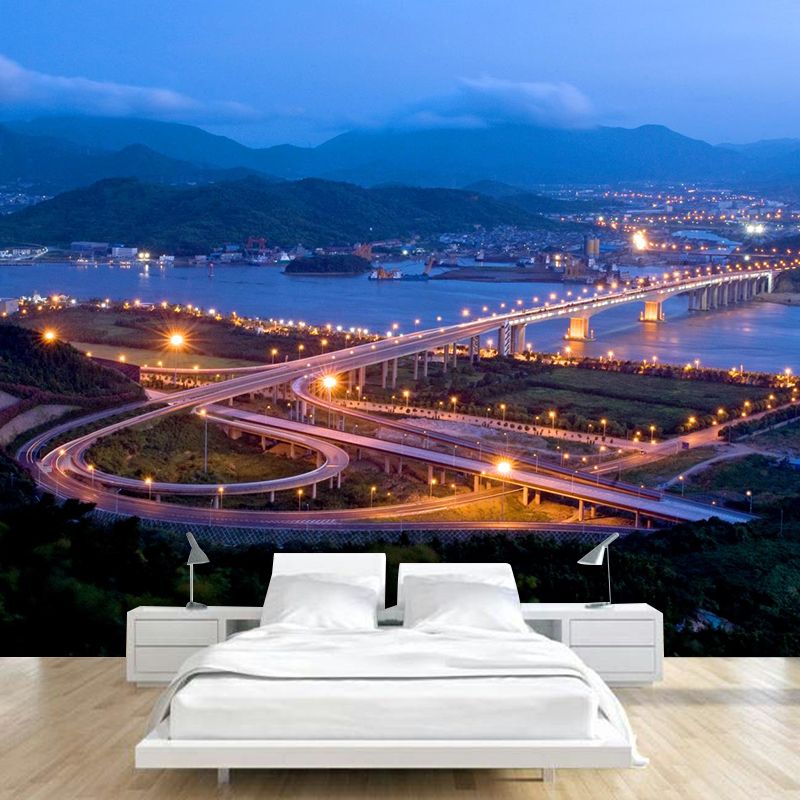 Custom Photographic Modern Mural with Aerial View of Night City in Dark Color for Bedroom