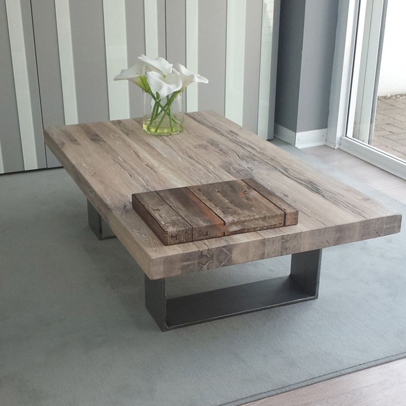 Scandinavian Solid Wood Coffee Table with Distressed Top and Sled Base