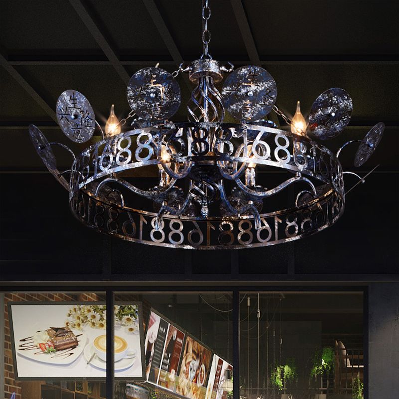 Etched Circular Coffee Shop Hanging Light Antique Wrought Iron 6 Heads Rust Chandelier Lamp with Bare Bulb