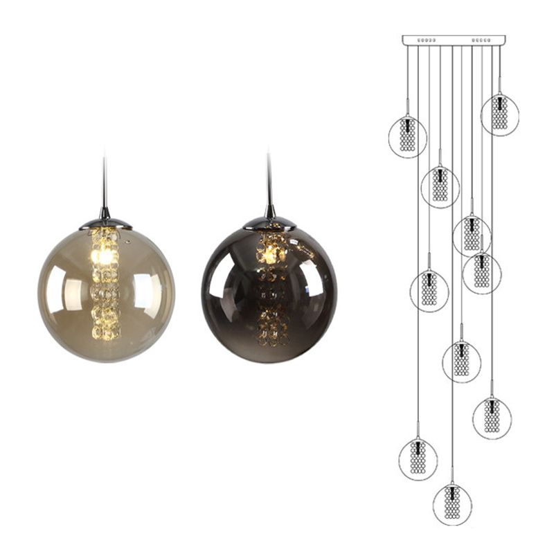 Round Shaded Staircase LED Hanging Lighting Glass Minimalist Multi Light Pendant