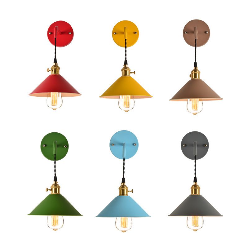 1-Lights Macaroon Style Simplicity Wall Lamp Metal Cone Shade Bedroom Sconce Light with Brass Rotary Switch