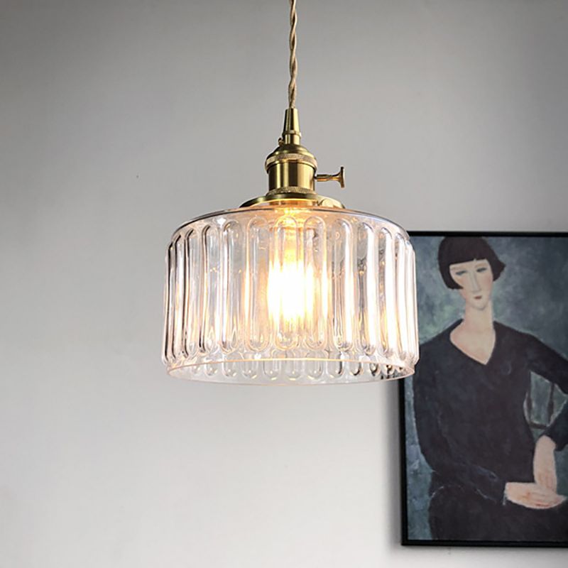 Drum Shape Pendant Light 1 Head Modern Stylish Fluted Glass Hanging Lamp for Gallery