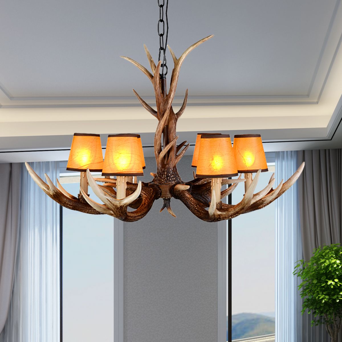 Cone Resin Ceiling Lamp Traditional 6/8/10-Head Living Room Chandelier Pendant Light with Adjustable Chain in Brown