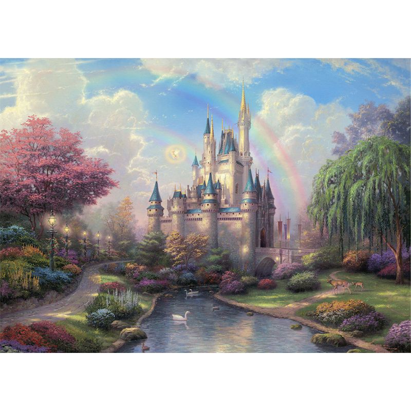 Classic Castle Painting Wall Murals for Living Room Customized Wall Art in Green-Pink-Blue