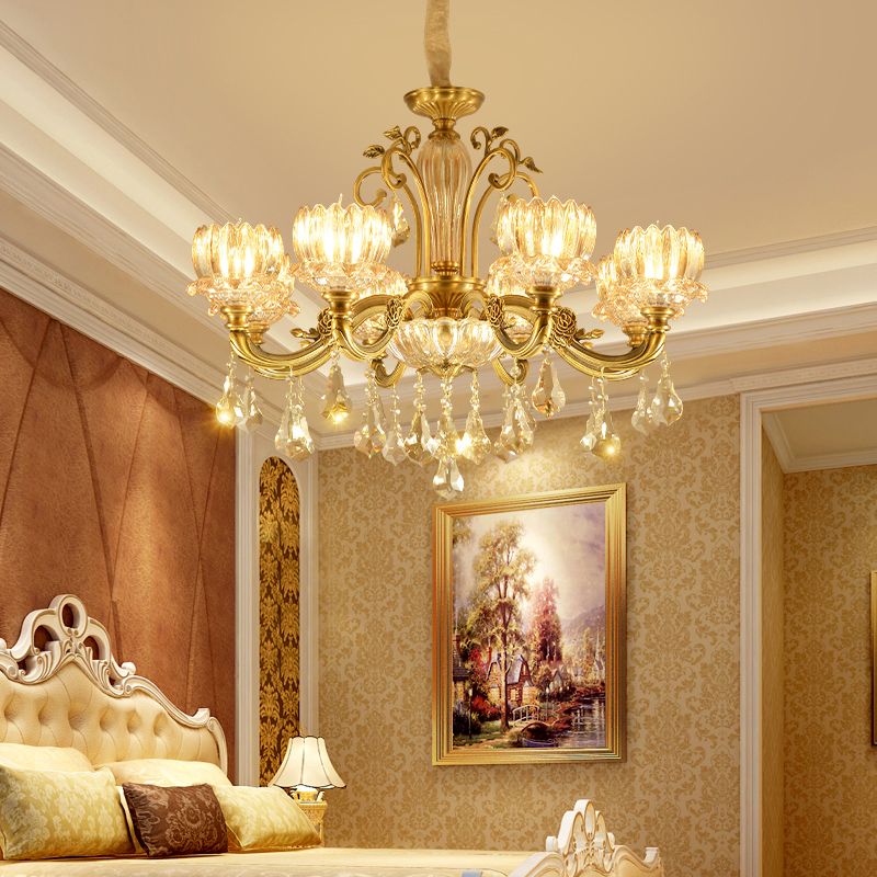 Carved Crystal Hanging Light Antique Gold Finish Lotus Dining Room Ceiling Chandelier