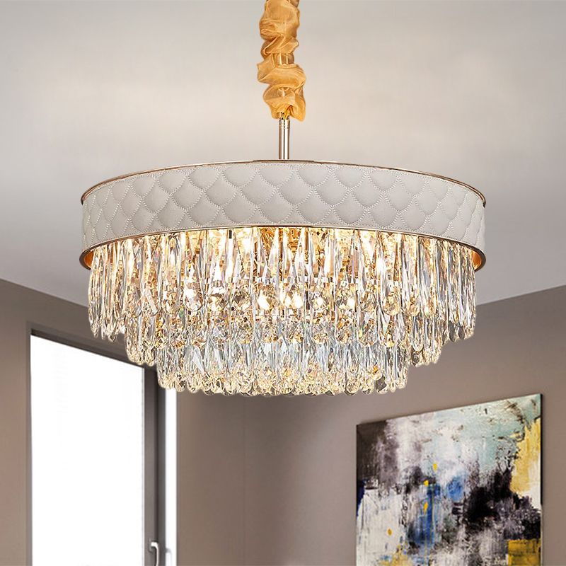 Wit 9/15 koppen kroonluchter licht eigentijdse kristal regendruppels trommelplafond hanger, 19,5 "/23.5" breed