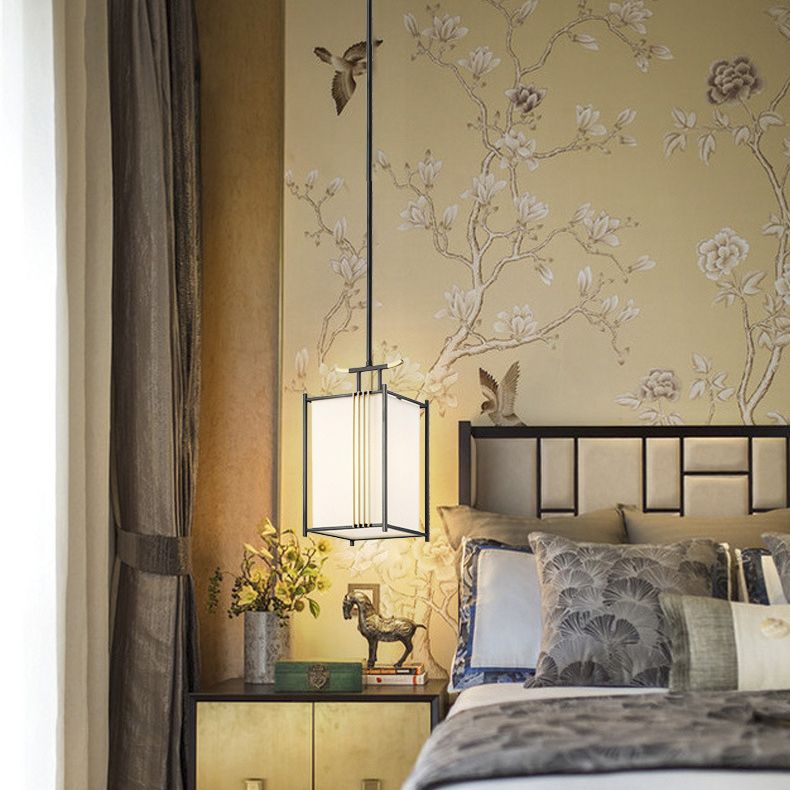 Rectangle Fabric Shade Pendant Hanging Lamp Chinese Style 1 Light Bedroom Hanging Ceiling Light
