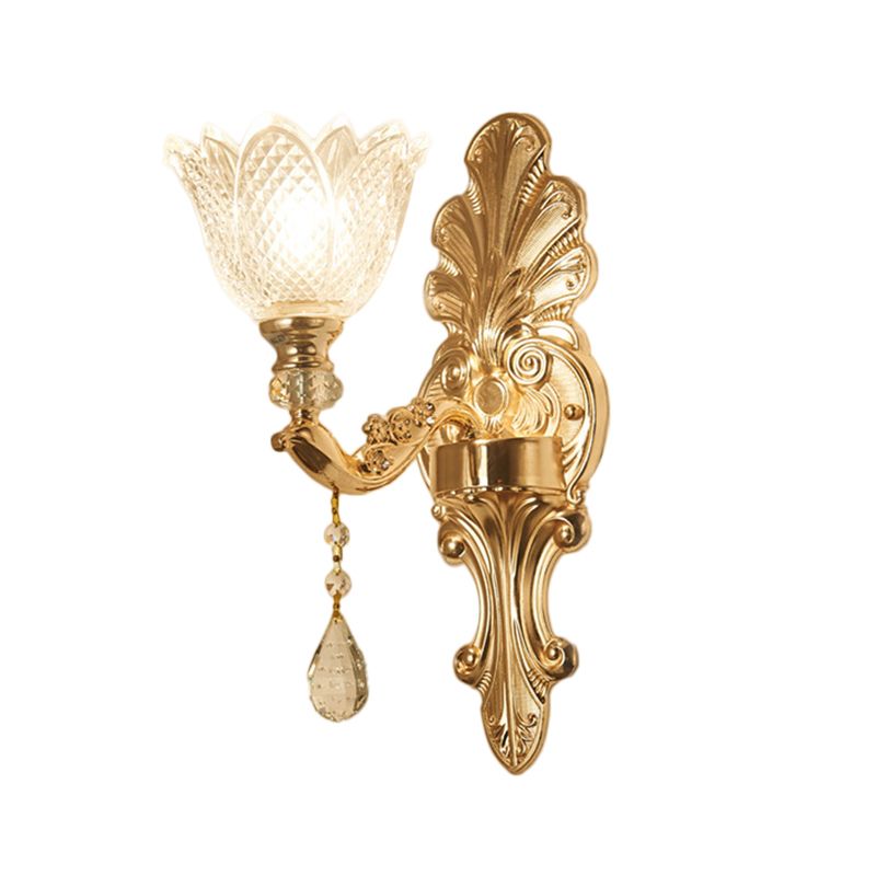 Flower Clear Latticed Glass Wall Lamp Mid-Century 1/2-Light Hallway Wall Sconce Lighting in Gold