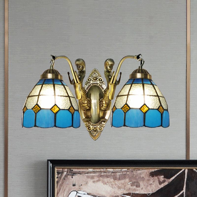2-Head Domed Wall Mount Lighting Tiffany Dark Blue and White/Orange and White Stained Glass Mermaid Wall Sconce with Grid Pattern