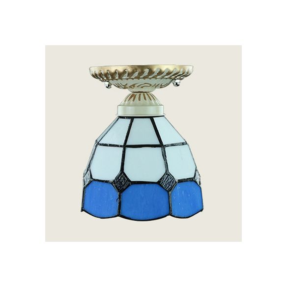 Dome Shape Ceiling Light Fixture Vintage Stained Glass 1 Light Ceiling Fixture in Orange/Blue for Hallway