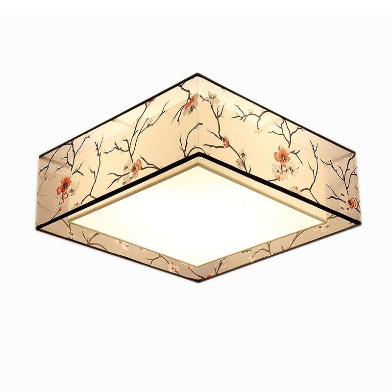 Wrought Iron Ceiling Light in Traditional Classic Style Geometric Indoor Flush Mount with Flax Fabric Shade