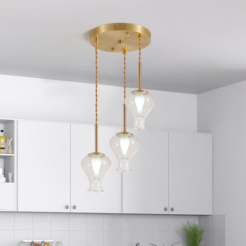 Vase en verre transparent Light modernisme 3 lumières Pendant multicolores en laiton sur salle à manger