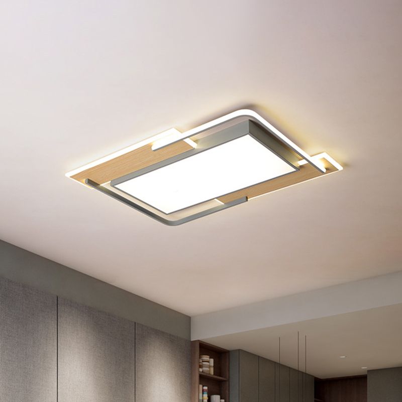 Living Room LED Ceiling Light Modern Grey-Wood Flush Mount Lamp with Pieced Rectangle Acrylic Shade, Warm/White Light