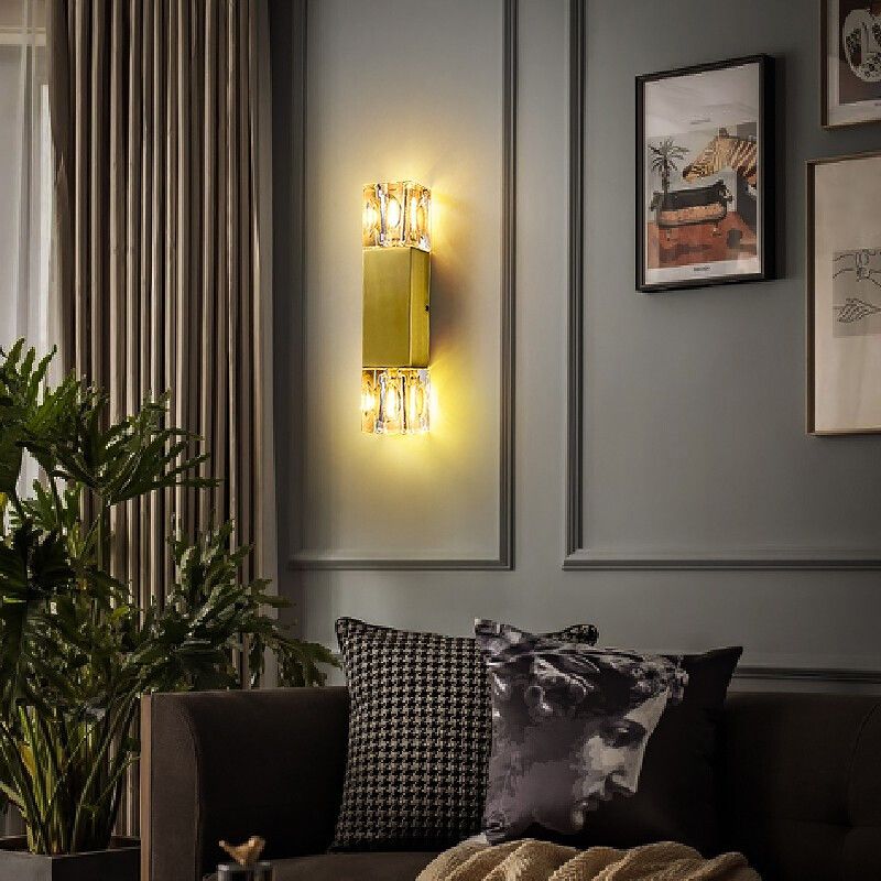 Modern Brass Wall Light Cuboid 12.5" High Wall Sconce with Crystal for Living Room
