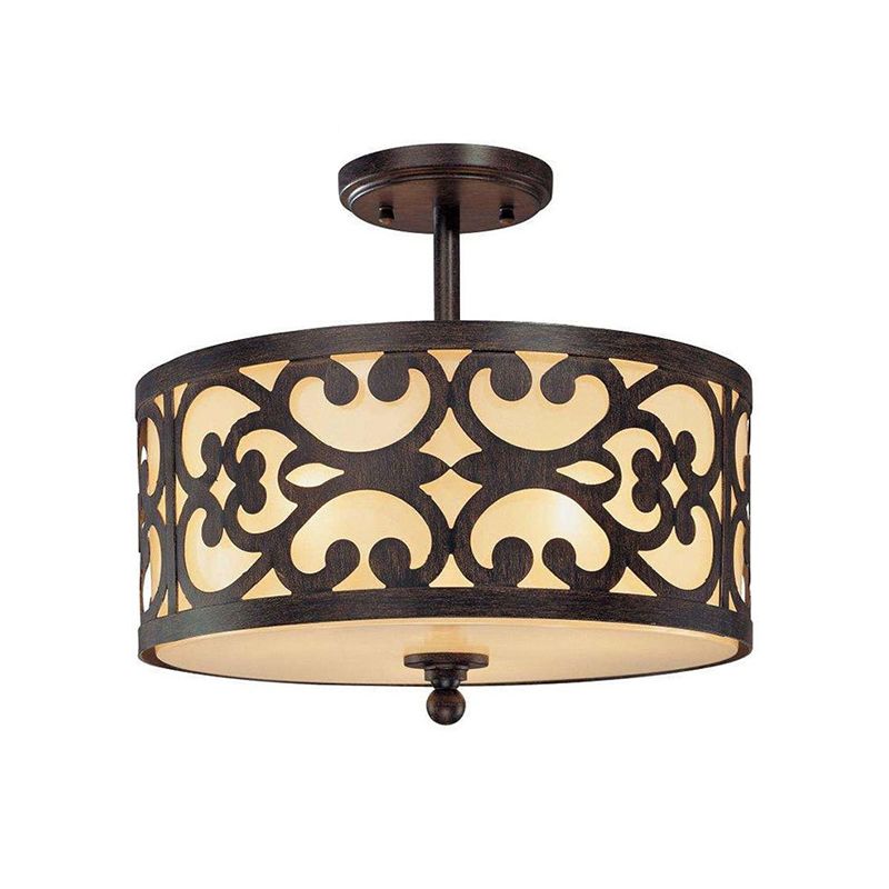 4 Lights Semi Flush Mount Traditional Drum Metal Ceiling Light in Rust for Living Room, 16"/19.5"/23.5" Wide