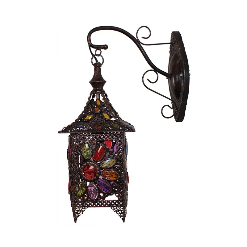 Lantern Bedroom Sconce Wall Light Bohemian Metal 1 Bulb Brass/Black Wall Lighting Fixture