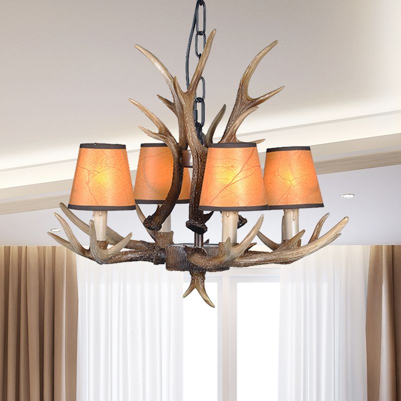 4/6/8 Lights Resin Chandelier Lamp Loft Brown Cone Dining Room Down Lighting Pendant with Fabric Shade
