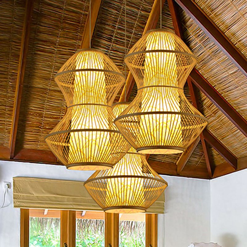 Asian Style Gourd Shaped Hanging Lighting Bamboo 19.5"/23.5" Wide 1 Head Restaurant Pendant Lamp in Wood