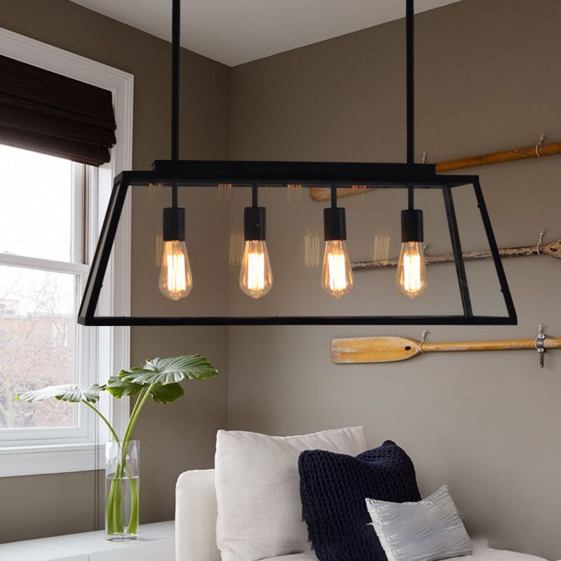 Industrial Style Island Pendant Glass 4 Light Island Light in Black for Restaurant