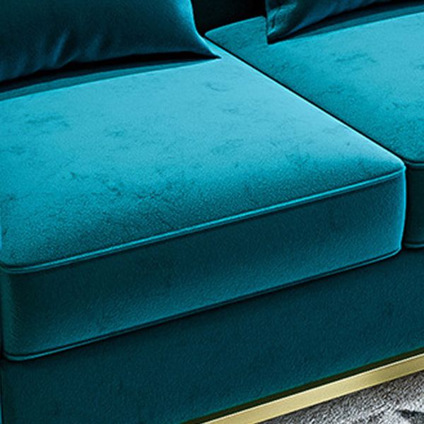27.5" H Contemporary Blue Velvet Tuxedo Arm Sofa with Pillows