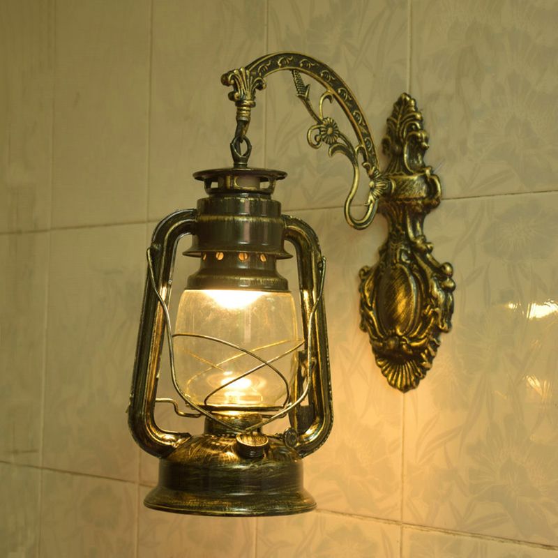 Clear Glass Kerosene Wall Light Fixture Nautical 1 Head Restaurant Wall Sconce with Curved Arm