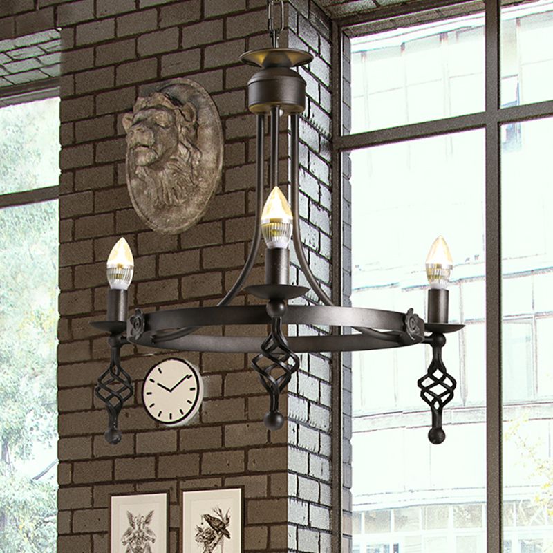 IJzeren Zwarte afwerking Hangende kroonluchter Candelabra 3-licht Rustieke ophanging Hanglamp met Circle Design