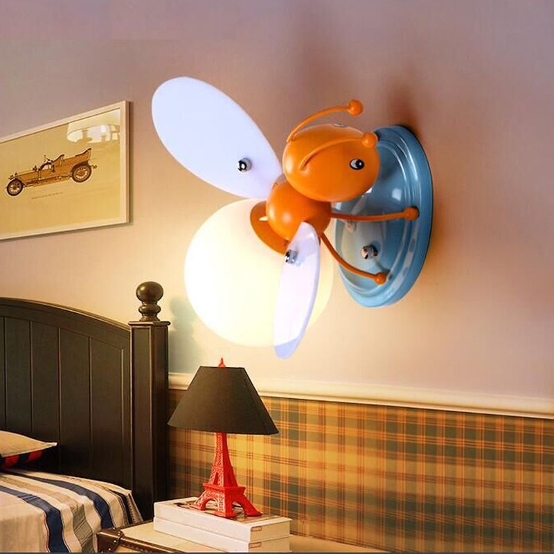 Bee Shaped Child Room Sconce Lighting Metallic Single Modern Wall Light with Globe Cream Glass Shade in Yellow