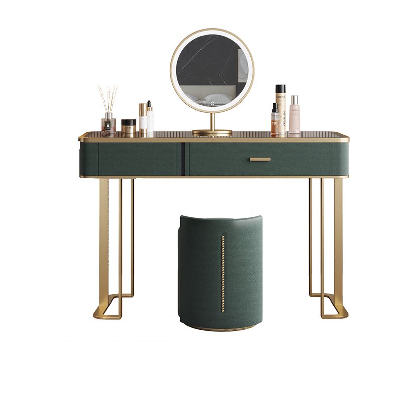 Glass Top Vanity Table 2-Drawer Stool Vanity Set with Lights Mirror