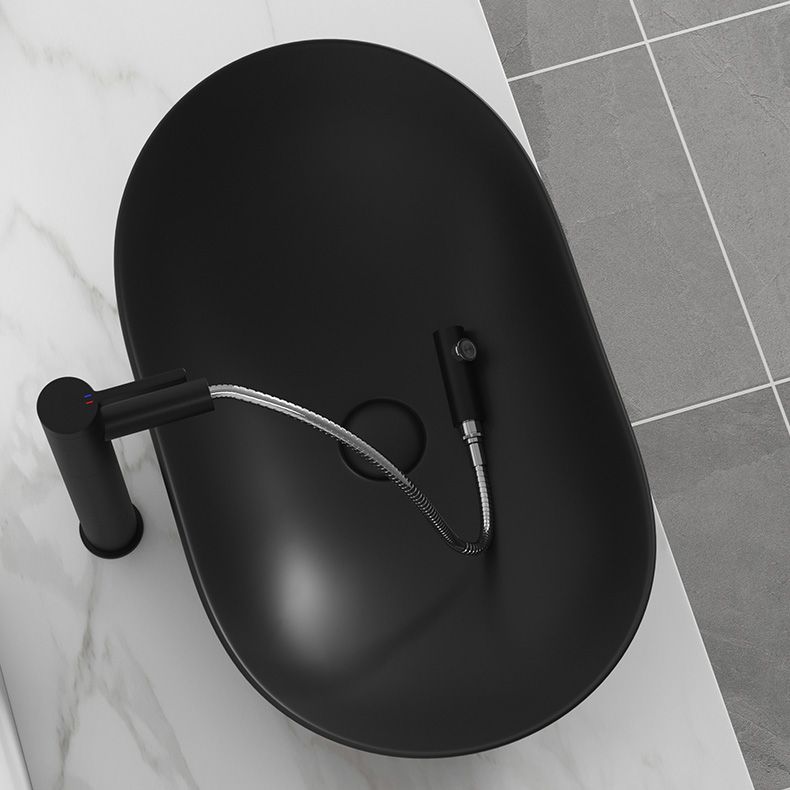 Contemporary Bathroom Sink Pop-Up Drain Porcelain Solid Color Oval-Shape Vessel