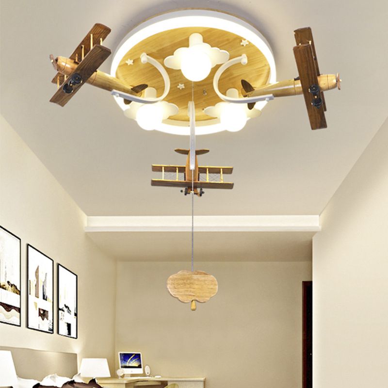 Yellow Cloud and Plane Flushmount Novelty Kids Style 3-Light Wood Ceiling Flush Light with Pulling Chain