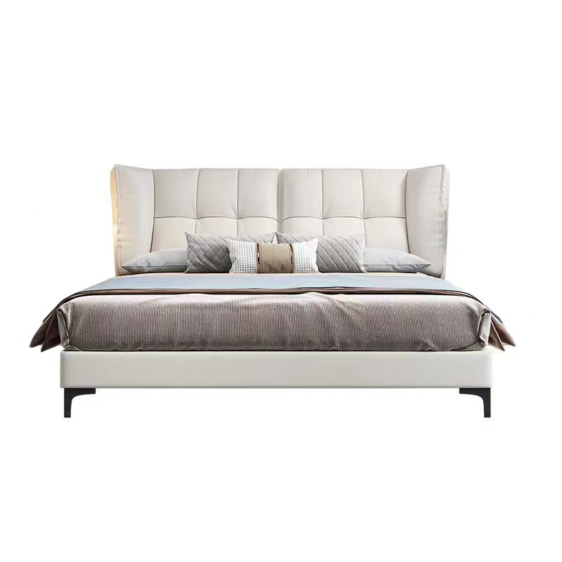 Modern Standard Bed Pine Wood Bed with Upholstered Headboard