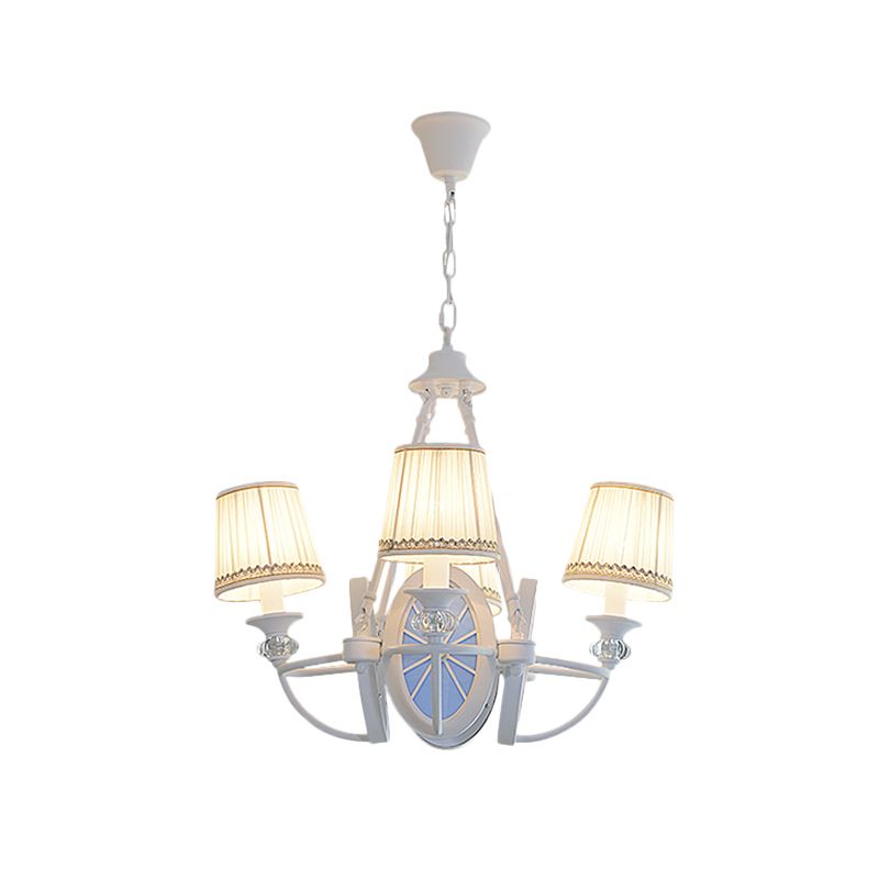 Barrel Chandelier Lamp Children Pleated Fabric 4 Heads White Suspension Light with Wheel Design