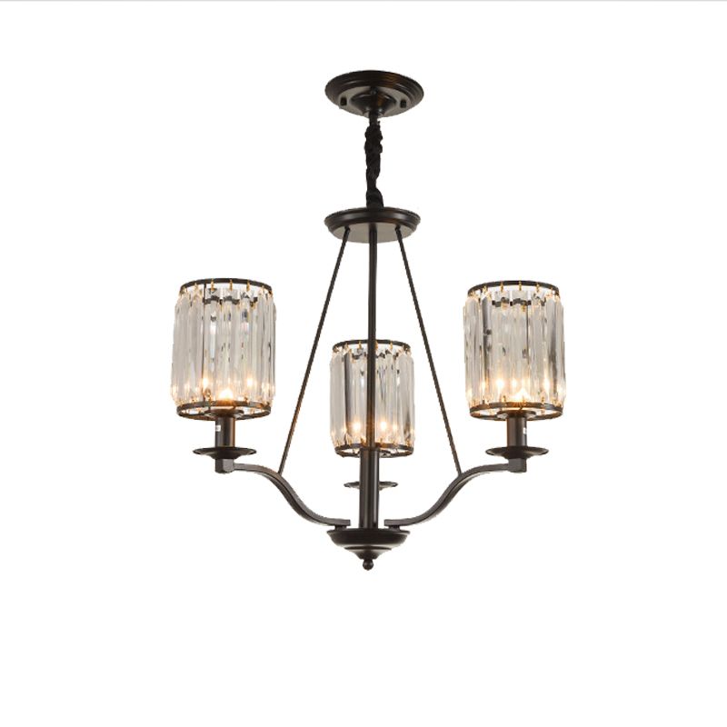 Cylinder Clear Ribbed Glass Chandelier Light Traditional 3/6 Lights Living Room Pendant Lighting in Black with Sputnik Design