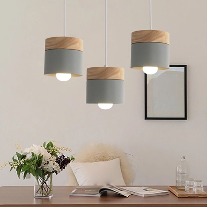 Indoor Macaroon Cylinder Pendant Light Wooden Mini Ceiling Lamp in Metal Shade