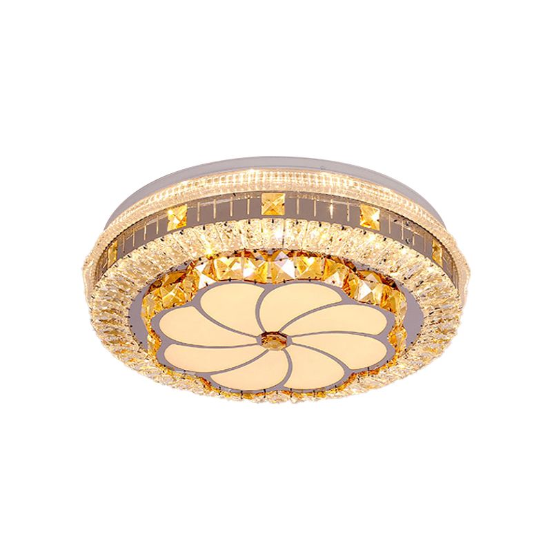 Faceted Crystal Round Flush Light Modernism LED Chrome Ceiling Mounted Fixture with Lotus Pattern